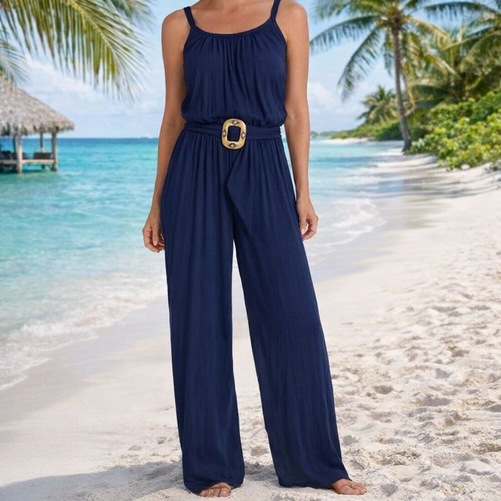 Soft Surroundings St Lucia Wide Leg Jumpsuit Womens Sz L Navy Gauze Relax Beachy